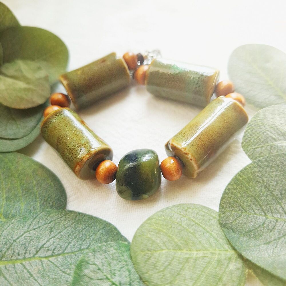 Chunky Green Ceramic & Stone Beaded Bracelet: Adjustable Stainless Steel Chain